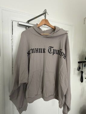 Yeezy Taupe Gray Hooded Sweatshirt with Black Gothic Script